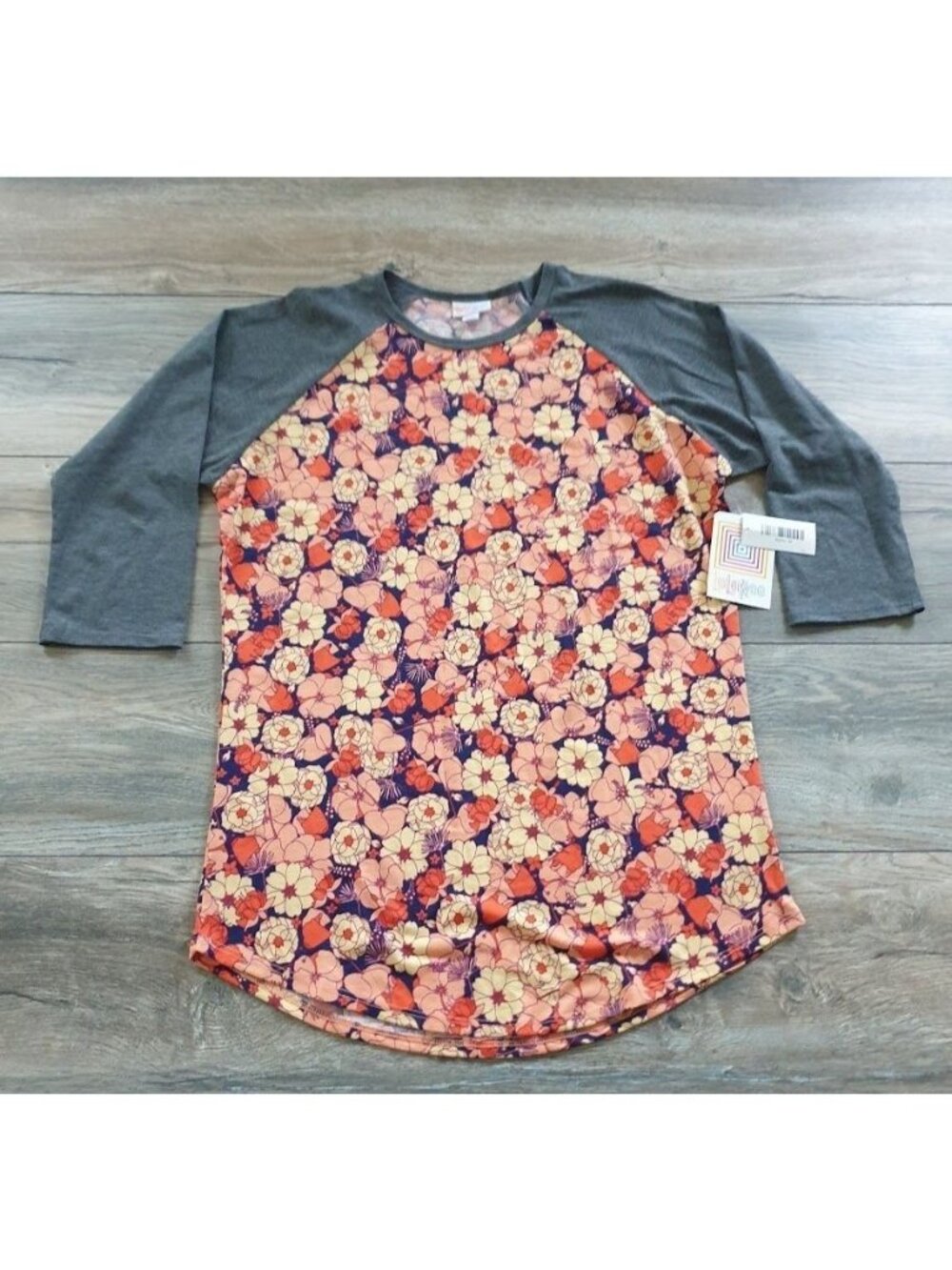 LuLaRoe Randy Floral Baseball Tee Medium Raglan Sleeves Multicolor Orange Blue